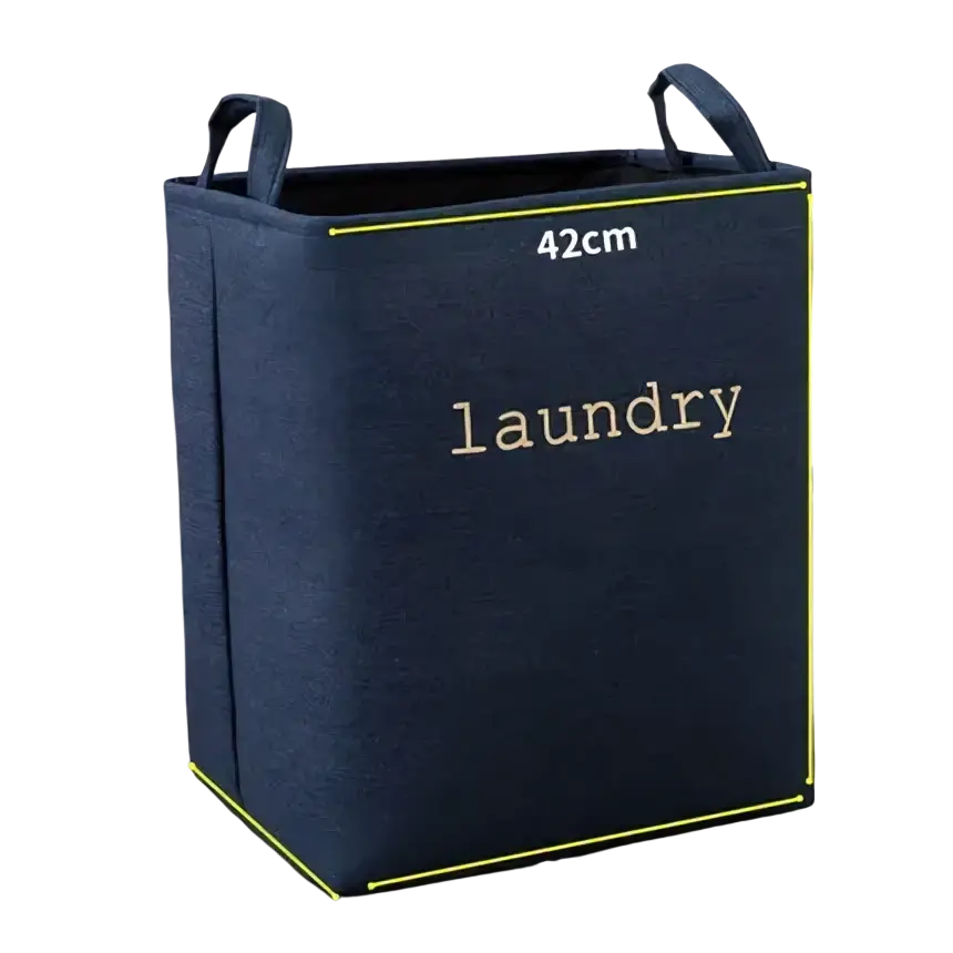 Dark blue fabric foldable laundry basket with gold embroidered laundry text and reinforced handles for storage baskets