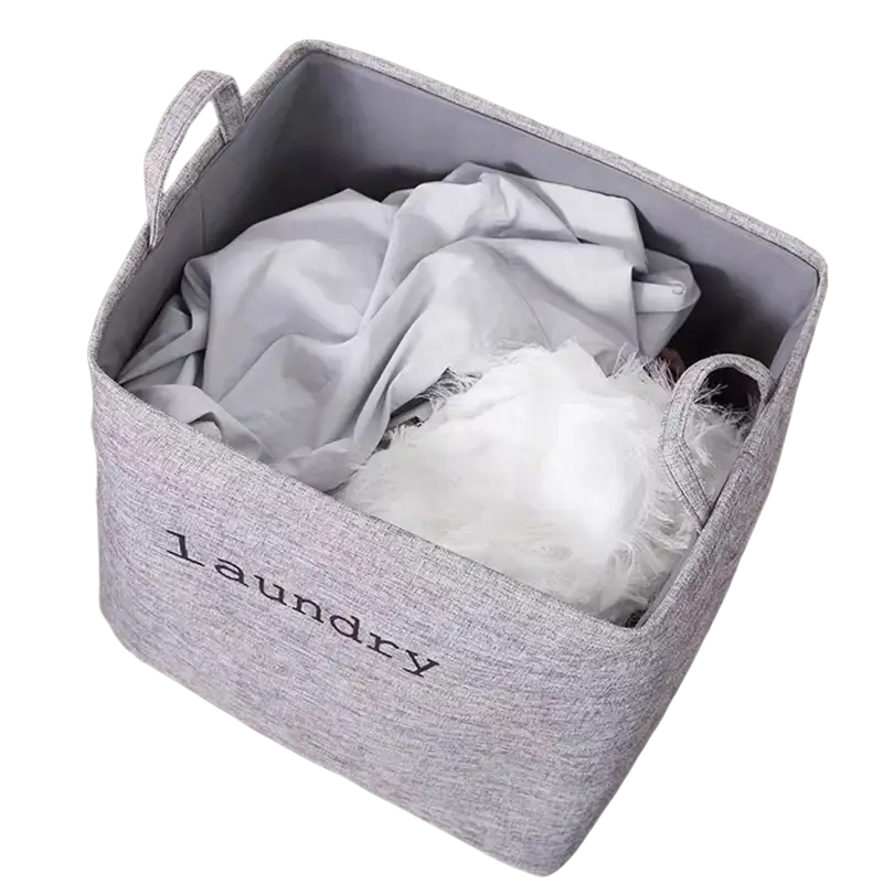 Gray fabric foldable laundry basket with laundry embroidered in black thread and two handles for storage baskets use
