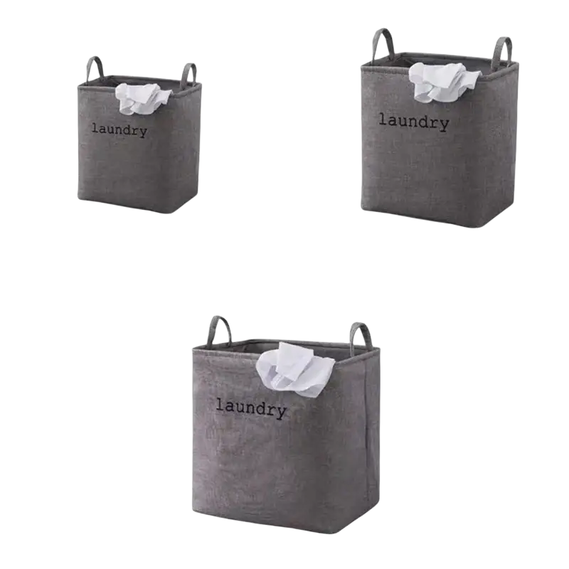 Gray fabric foldable laundry basket with reinforced handles and laundry print for organized storage baskets