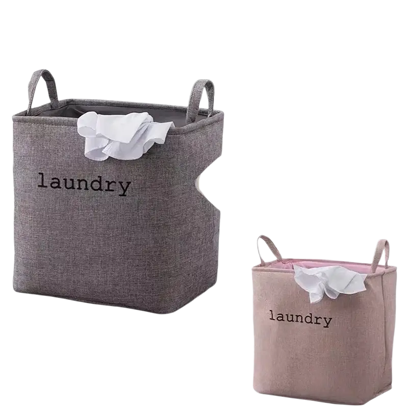 Gray textured fabric foldable laundry basket with black embroidery and matching handles for storage baskets use