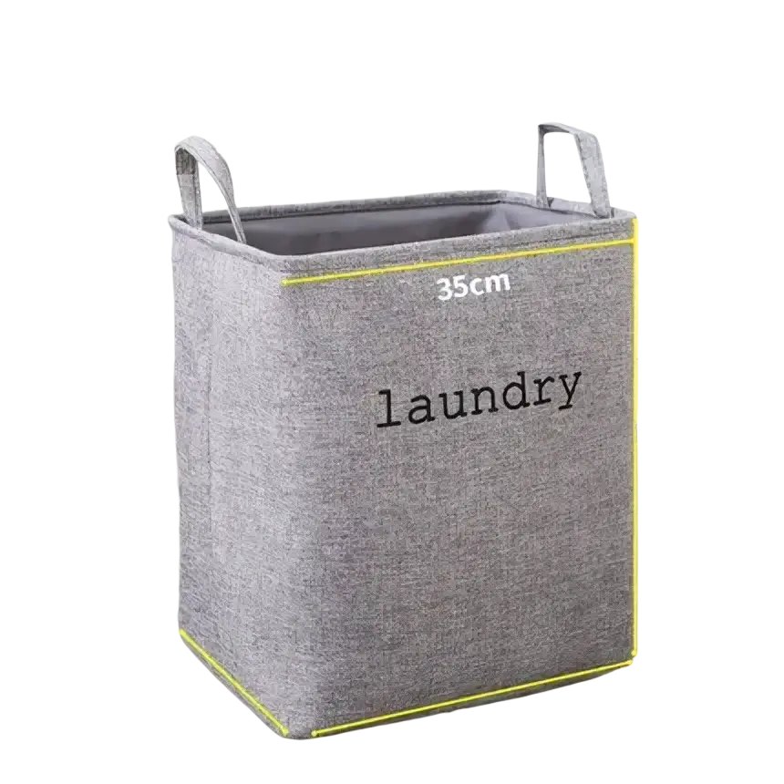 Gray woven fabric foldable laundry basket with black laundry text and handles for versatile storage baskets use