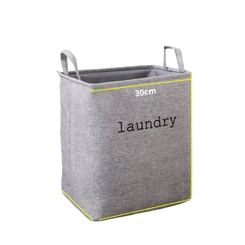 Foldable laundry basket made of gray woven fabric with black laundry text and yellow measurement markings for storage baskets