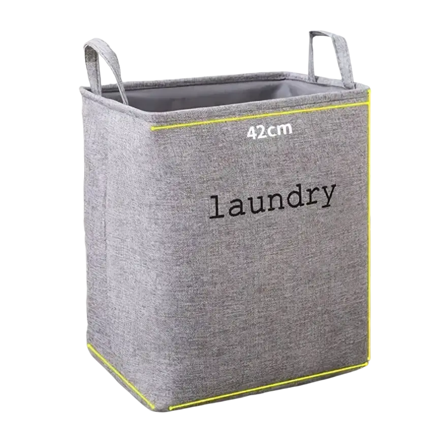 Gray woven fabric foldable laundry basket with black laundry text and yellow measurement lines for storage baskets