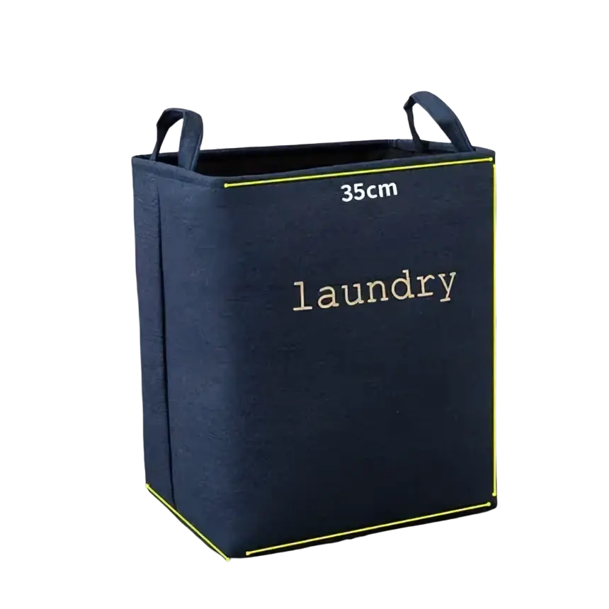 Navy blue fabric foldable laundry basket with yellow stitching and handles for storage baskets and organization