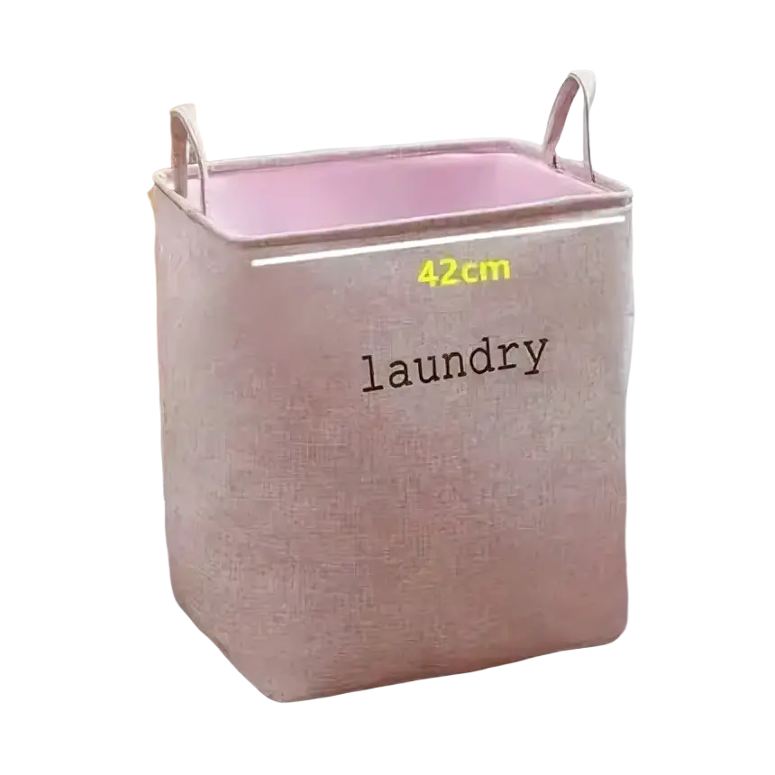 Pink woven fabric foldable laundry basket with handles and laundry print ideal for storage baskets and organization