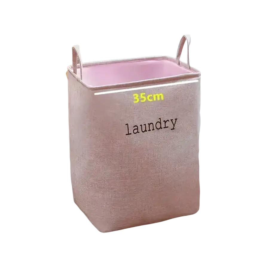Foldable pink woven fabric laundry basket with handles and matching interior lining for versatile storage baskets