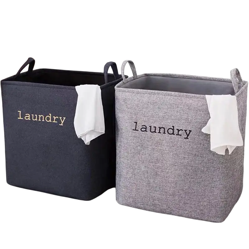 Foldable laundry basket fabric storage box with two gray storage baskets featuring sturdy handles and towel accents