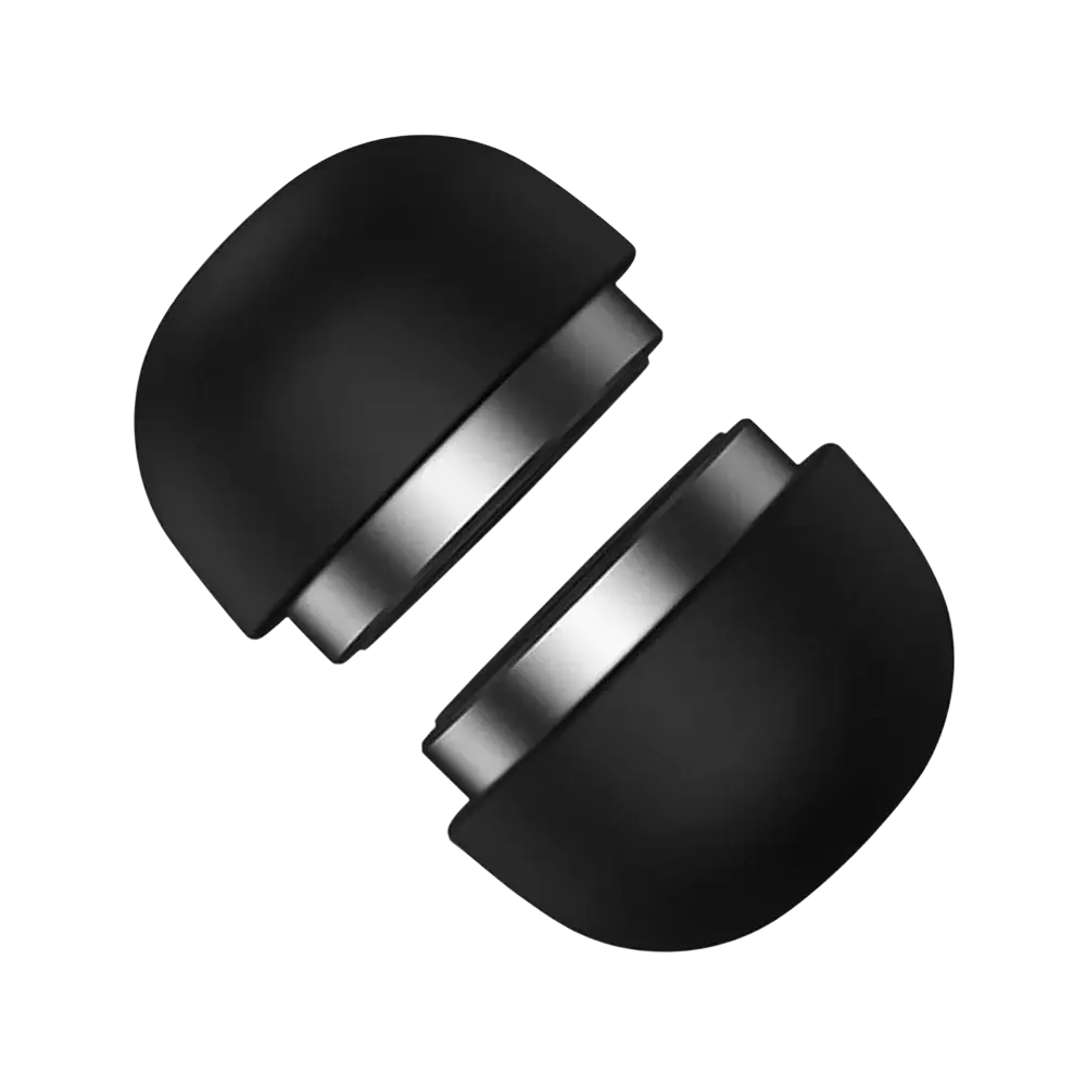 Black silicone ear tips with metallic silver inner rings for foldable mini laptop stand cooling holder headphones