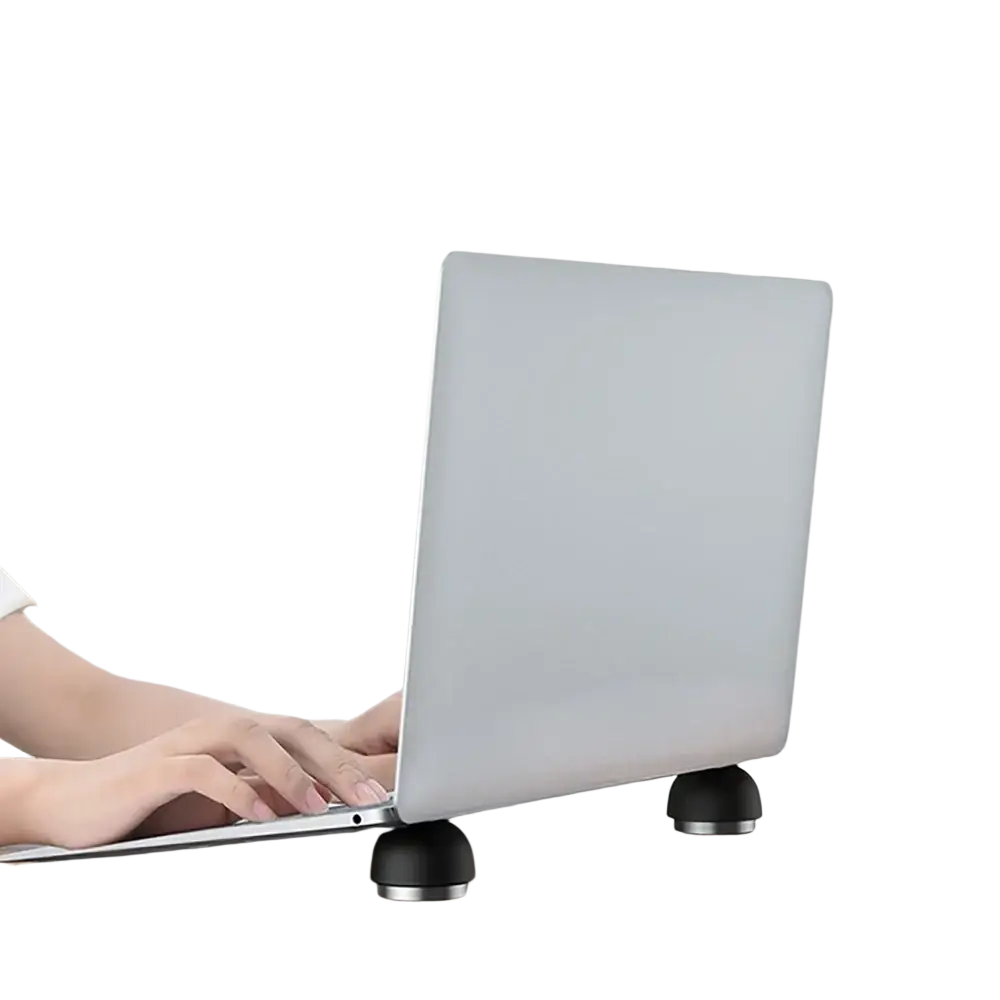 Silver foldable mini laptop stand cooling holder with black circular feet for ergonomic device ventilation