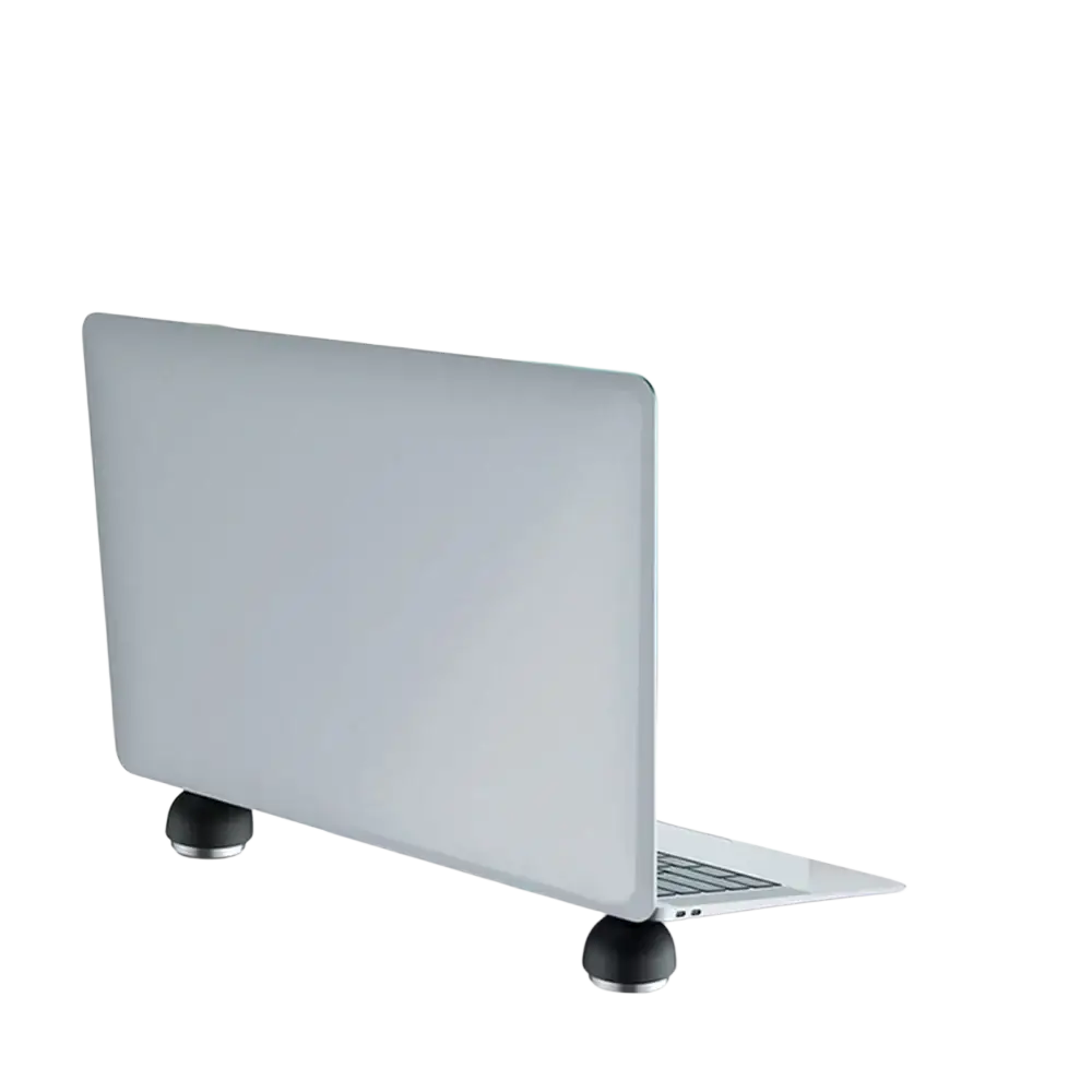 Silver foldable mini laptop stand with black circular feet and blue airflow lines for enhanced cooling function