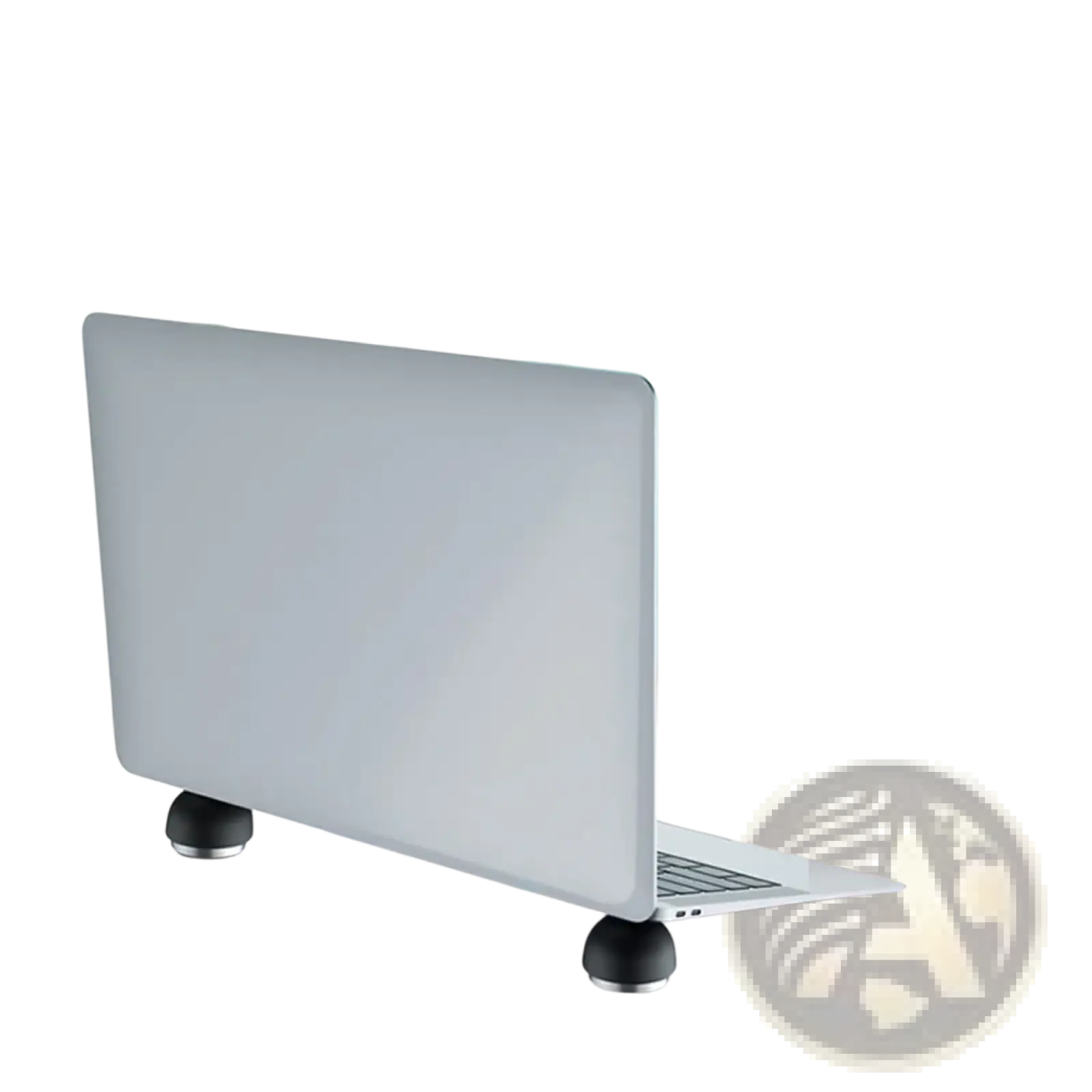 Silver foldable mini laptop stand with black circular feet and blue airflow lines for enhanced cooling function