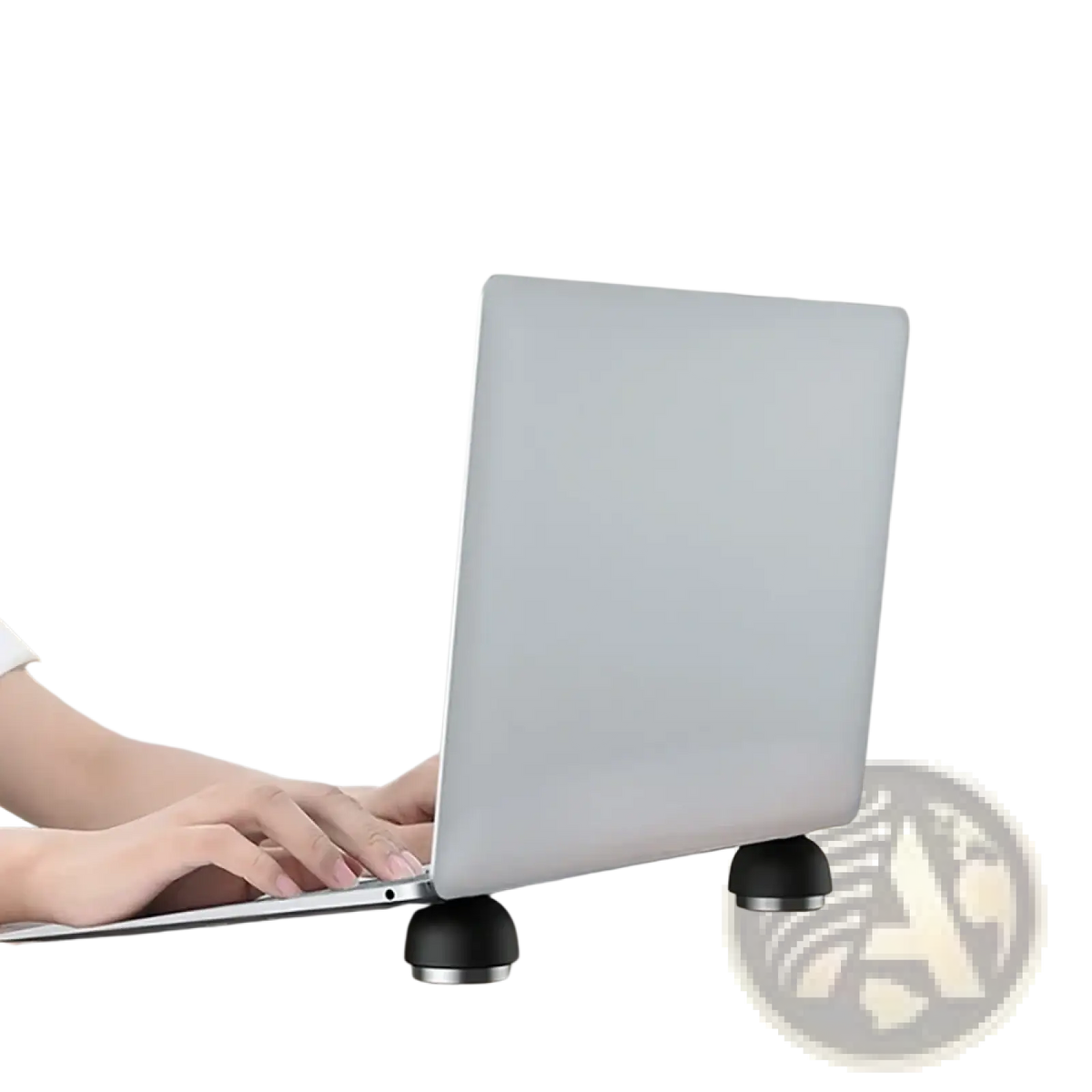 Silver foldable mini laptop stand cooling holder with black circular feet for ergonomic device ventilation