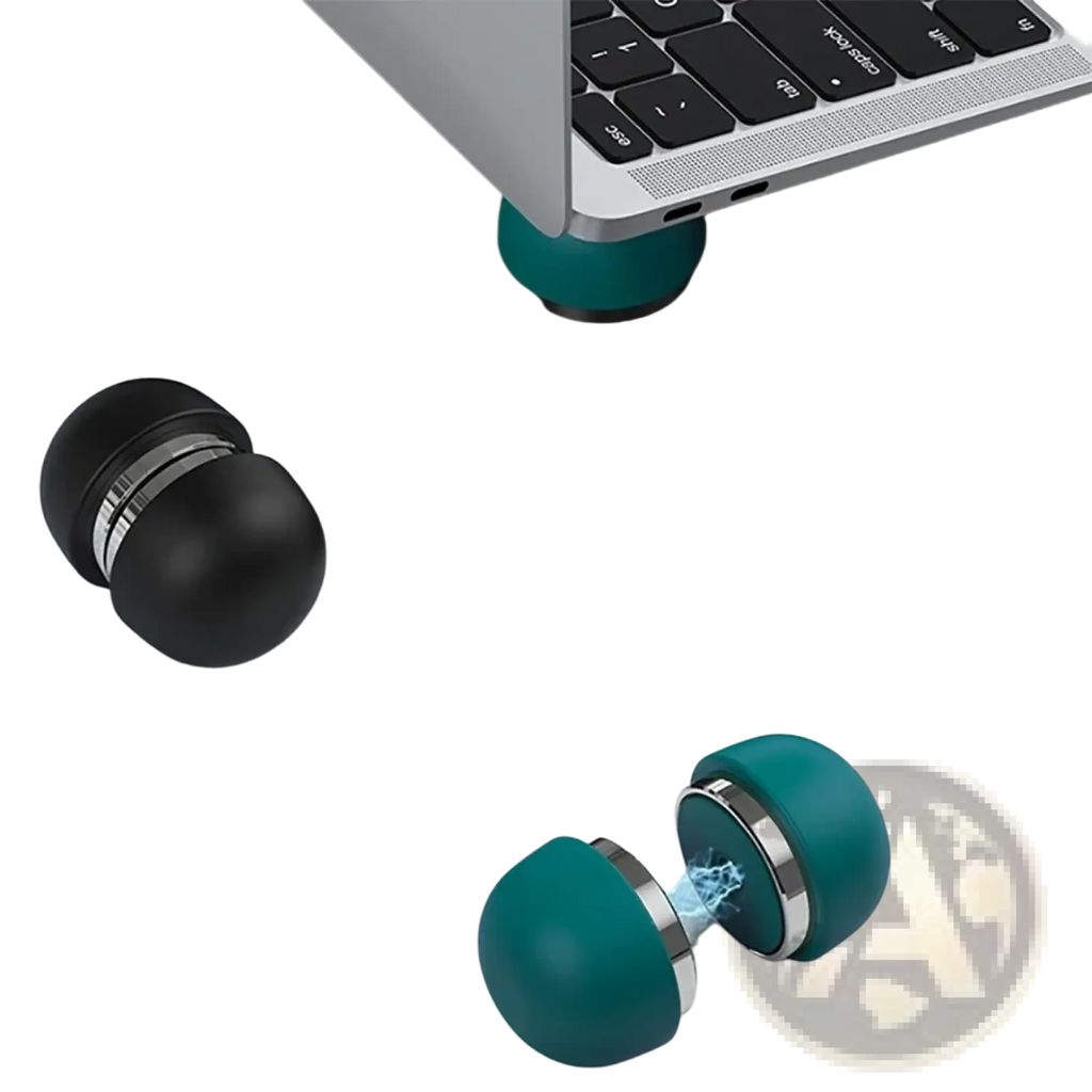 Foldable mini laptop stand cooling holder in teal and black with a mushroom shape and metallic rings for stability