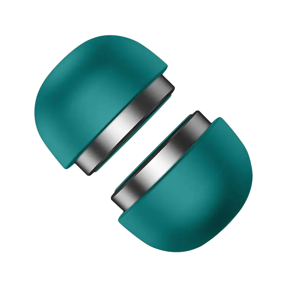 Teal silicone earbud caps with metallic silver magnetic clasps designed for foldable mini laptop stand cooling holder use