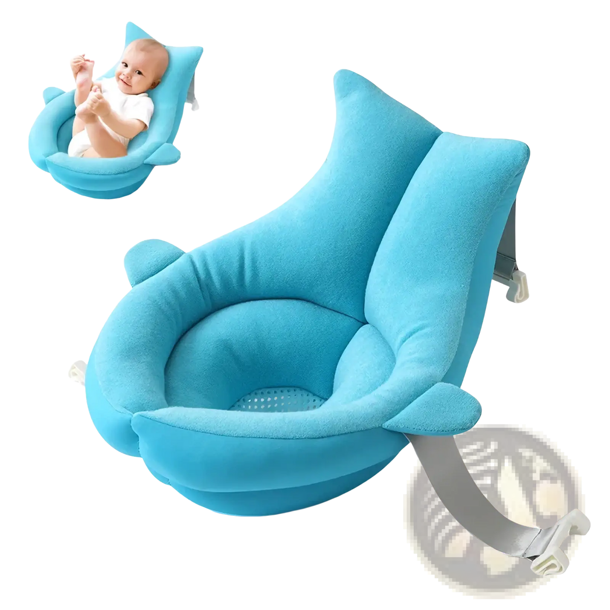 Blue plush dolphin-shaped baby bath seat with adjustable safety straps foldable newborn bath mat and cushion