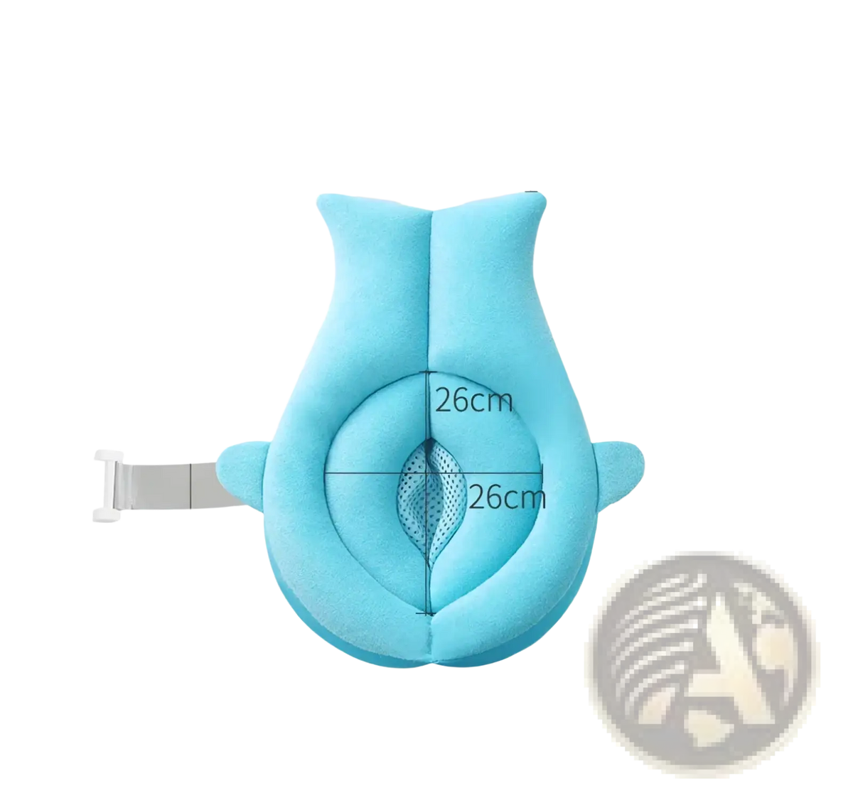 Light blue plush foldable newborn bath mat and cushion with adjustable straps and central mesh panel for support