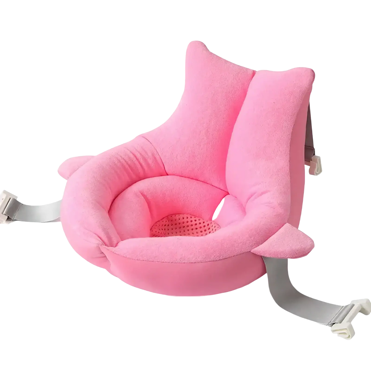 Pink foldable newborn bath seat with soft rounded contours and perforated mesh insert for ventilation newborn bath mat