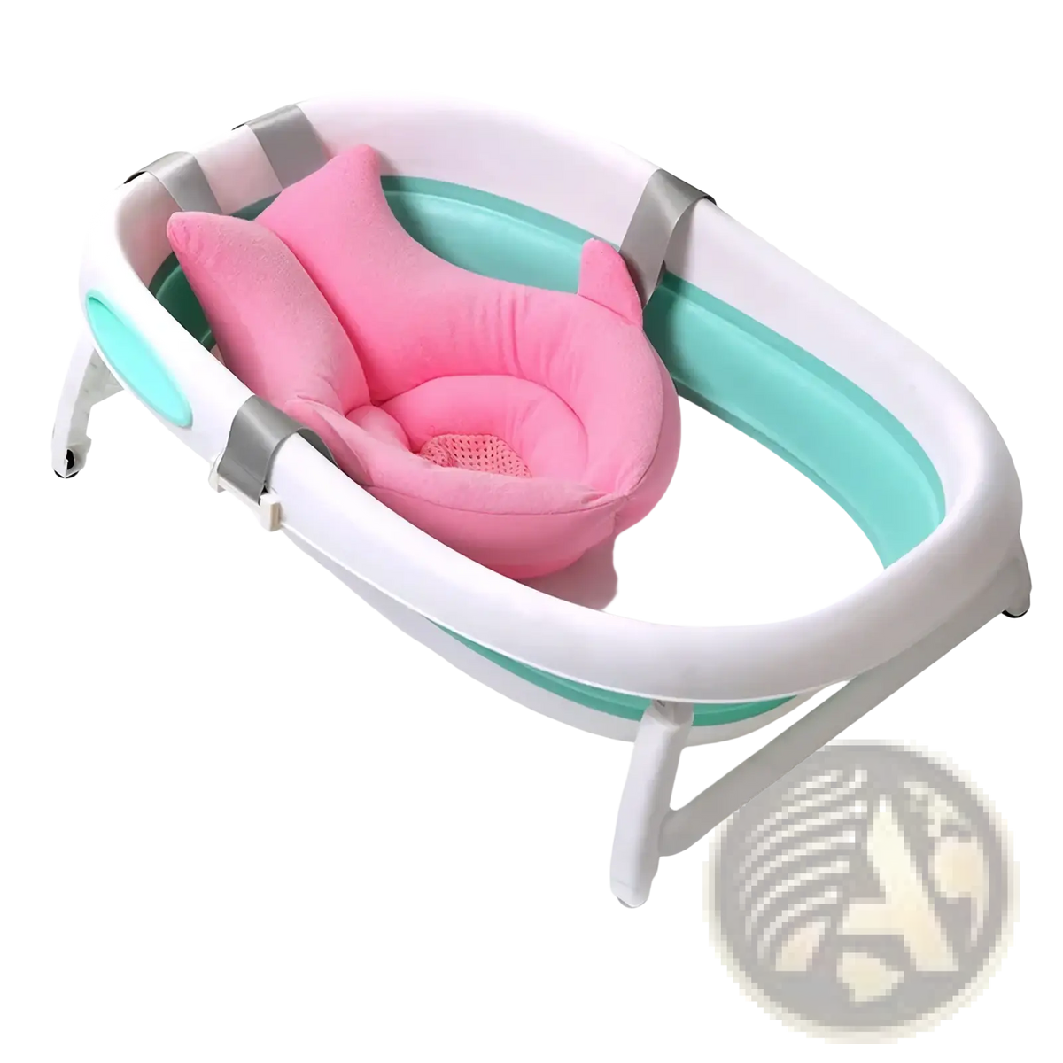 Foldable newborn bath mat and cushion featuring a pink plush baby bath seat inside a collapsible white and teal bathtub