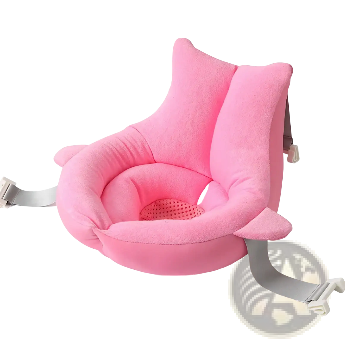 Pink plush foldable newborn bath mat and cushion with soft fabric and adjustable gray straps for baby bath seat