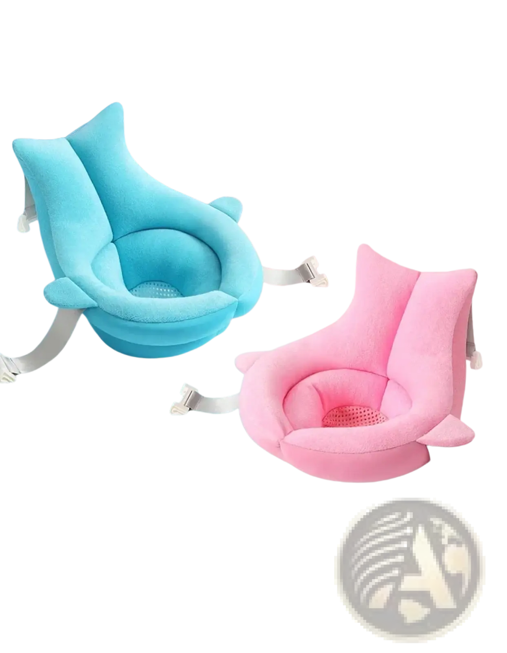 Soft plush foldable newborn bath mat and cushion in sea heart blue and mani pink with adjustable straps for support