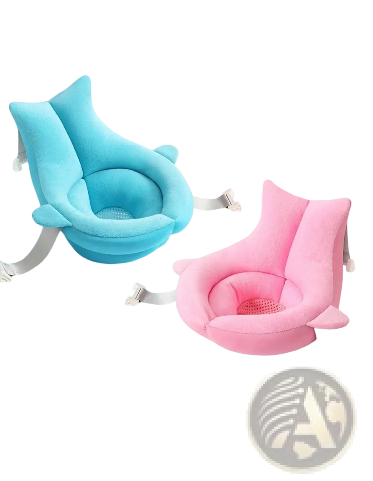 Soft plush foldable newborn bath mat and cushion in sea heart blue and mani pink with adjustable straps for support