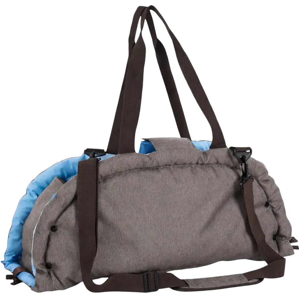Gray heathered foldable pet carrier bed with blue interior and brown straps featuring safety leash clip for secure transport