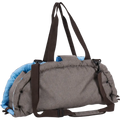Gray heathered foldable pet carrier bed with blue interior and brown straps featuring safety leash clip for secure transport