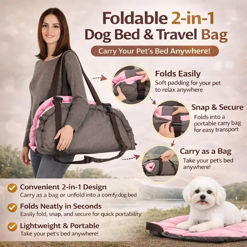 Gray and pink foldable 2-in-1 dog bed and travel bag with soft padding and safety leash clip closure