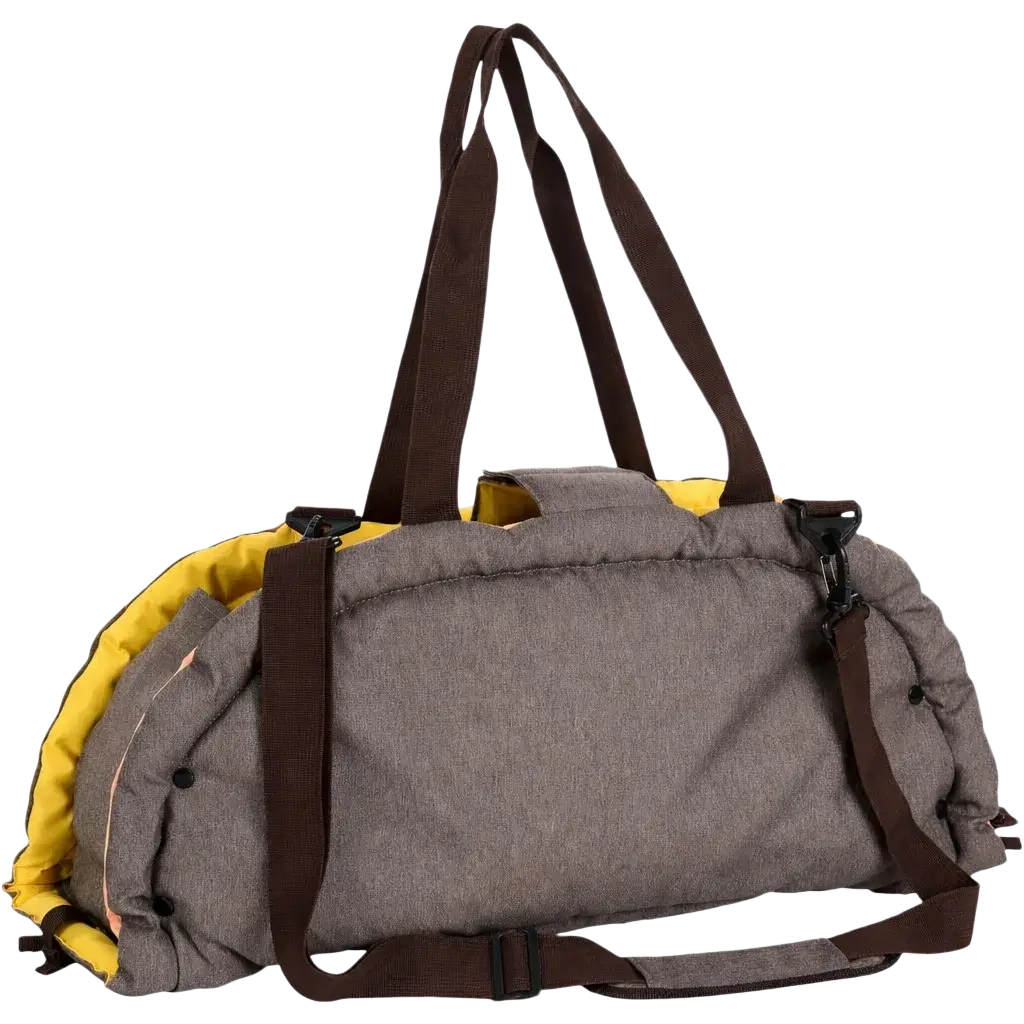 Gray textured foldable pet carrier bed with brown straps and vibrant yellow interior lining featuring safety leash clip