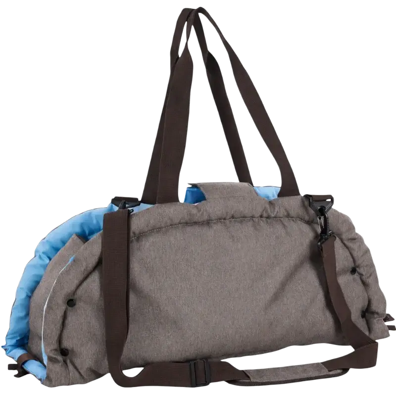 Gray textured fabric foldable pet carrier bed with blue interior, brown straps, and built-in safety leash clip