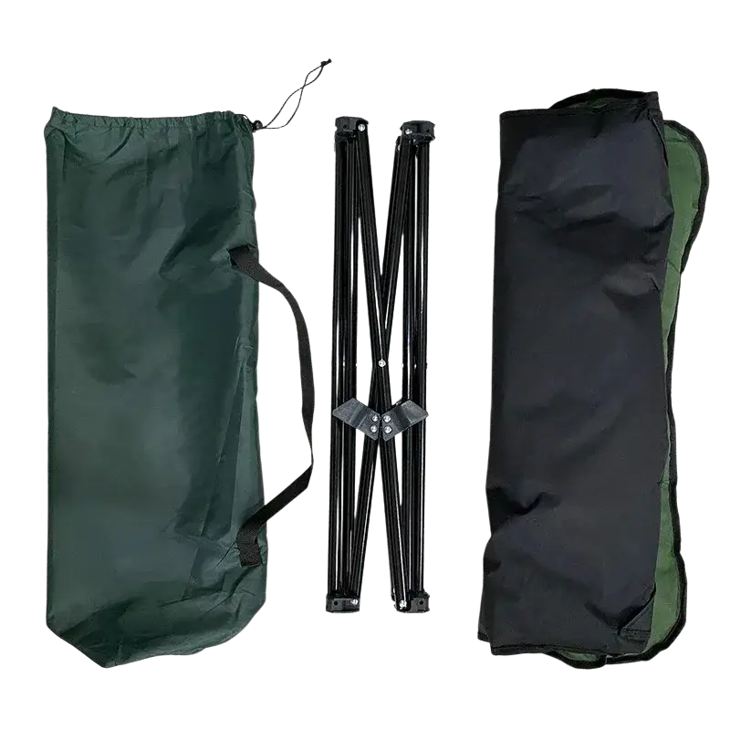 Black foldable metal legs with joints for foldable pet cot model number 1 shown with green and black carrying bags