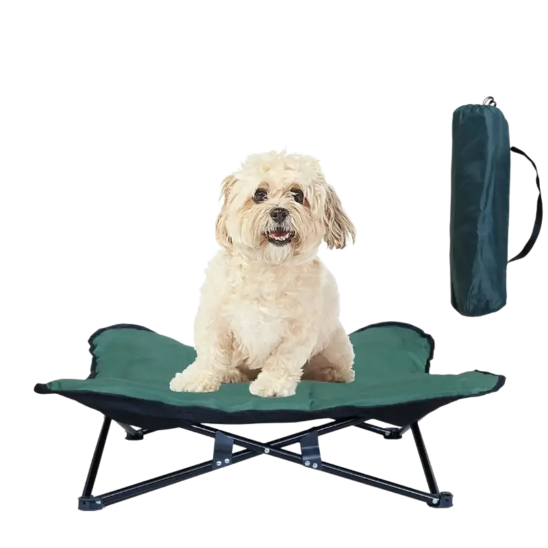 Green foldable pet cot with black metal frame and carrying bag model number 1 for portable pet comfort