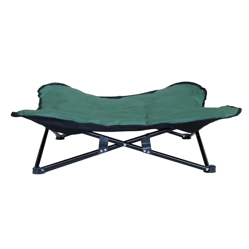 Green fabric camping cot with black metal foldable legs and model number 1 for pet use