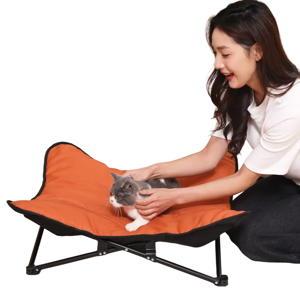 Orange and black foldable pet cot with metal frame and cushioned surface model number 1 for comfortable pet rest