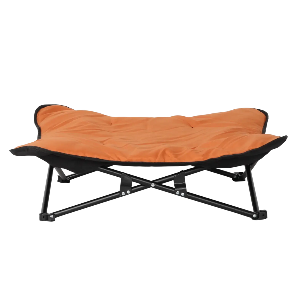 Orange cushioned foldable pet cot with black metal frame model number 1 for comfortable pet resting