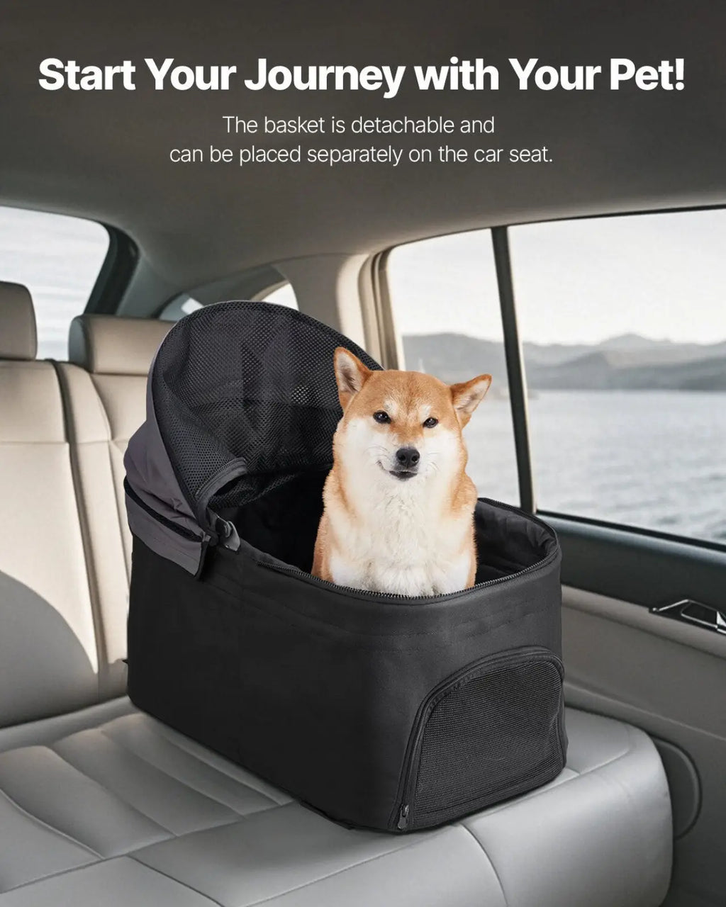 Black detachable pet car seat basket with mesh sides and zipper closure for foldable pet stroller 35lbs detachable carrier