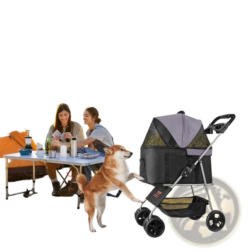 Black and gray foldable pet stroller with mesh sides and canopy featuring a detachable carrier for pets up to 35lbs