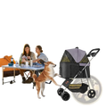 Black and gray foldable pet stroller with mesh sides and canopy featuring a detachable carrier for pets up to 35lbs