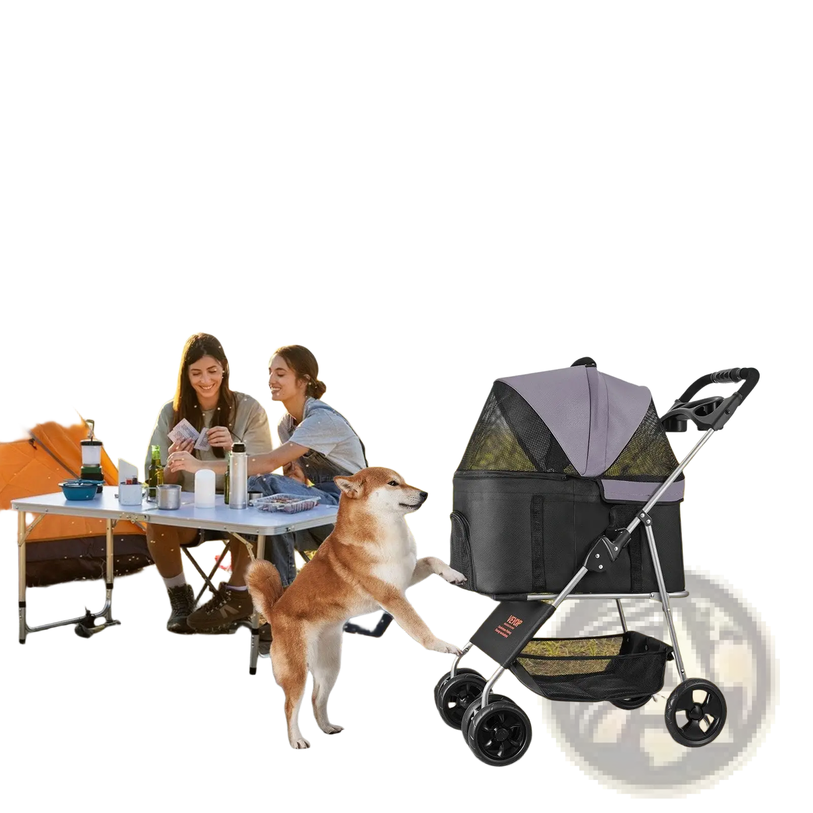 Black and gray foldable pet stroller with mesh sides and canopy featuring a detachable carrier for pets up to 35lbs