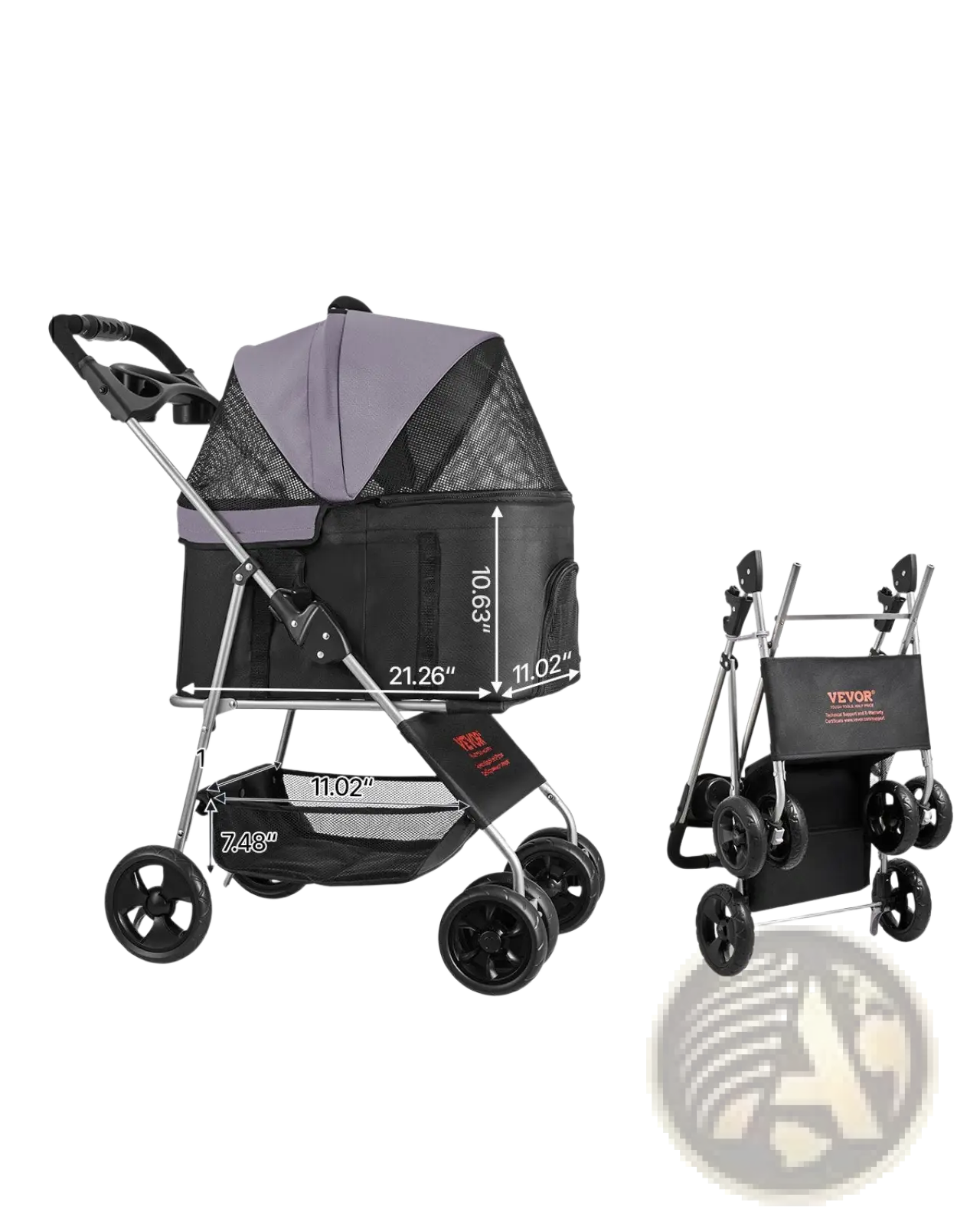 Foldable pet stroller for 35lbs with black and gray mesh detachable carrier and silver frame four black wheels foldable design