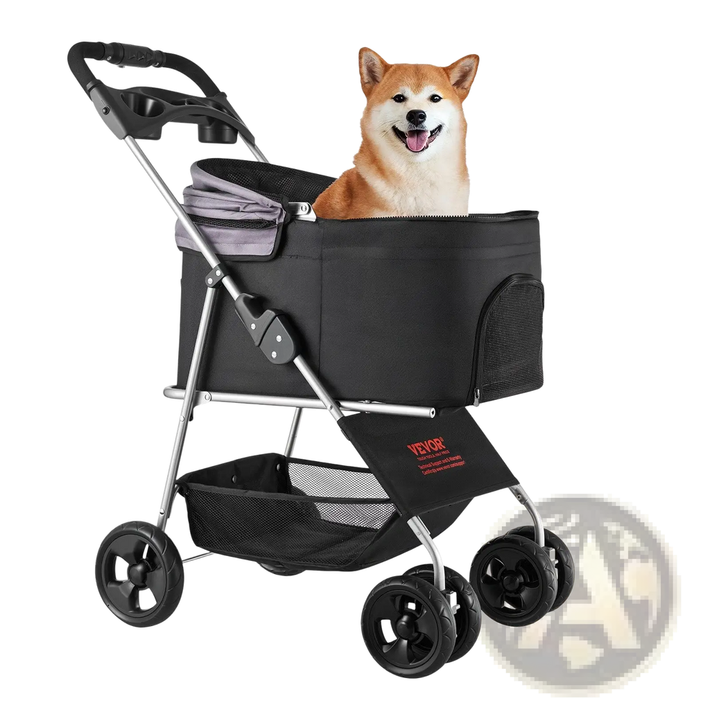 Foldable pet stroller with silver frame black wheels mesh side panel and storage basket for pets up to 35lbs
