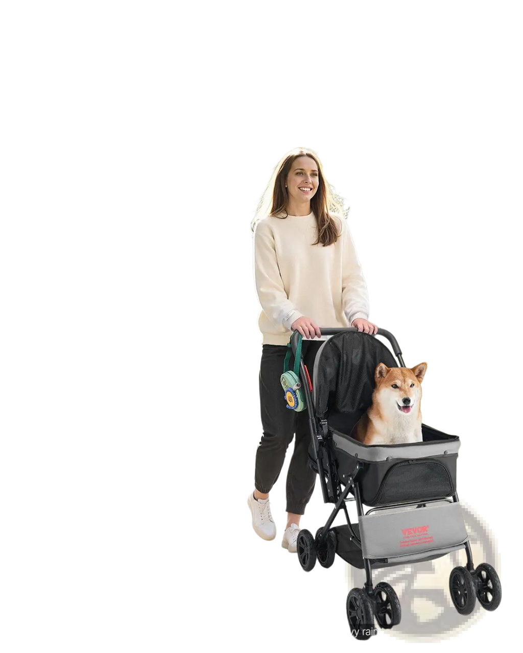Foldable pet stroller with reversible handle in black and gray featuring nylon mesh sides and 600d oxford fabric base