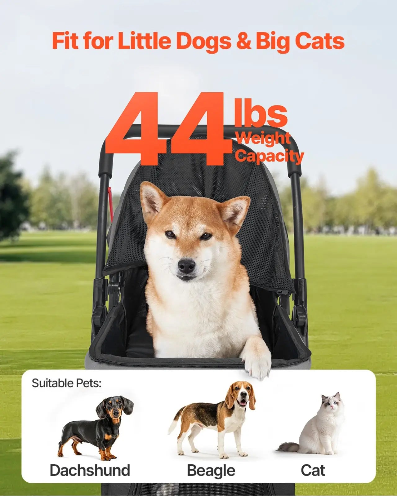Black foldable pet stroller with mesh sides and reversible handle designed for small dogs and large cats up to 44 lbs
