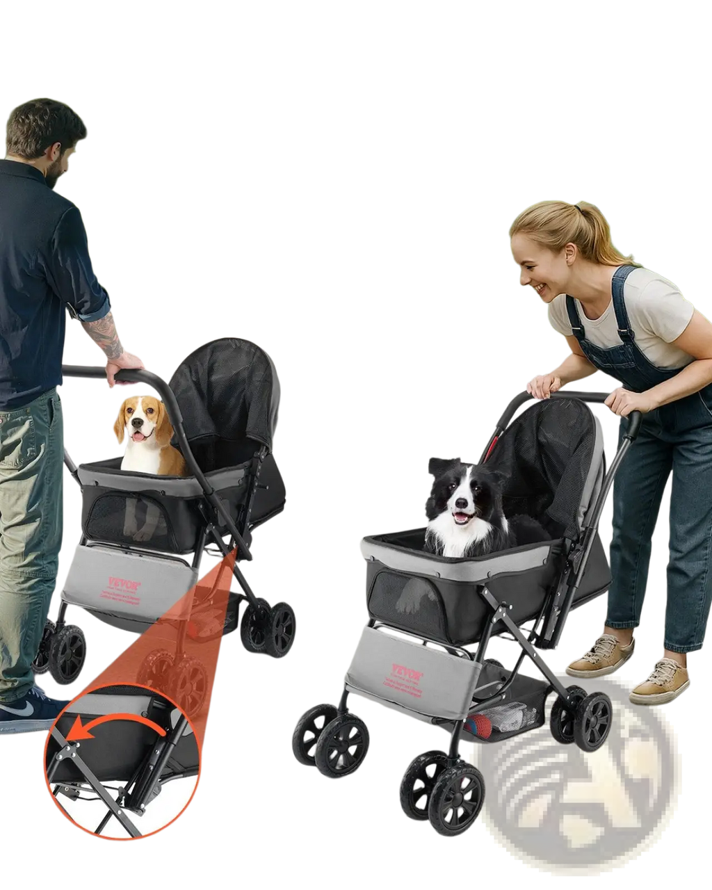 Foldable black and gray pet stroller with mesh side panel four wheels and reversible handle for pets up to 44lbs