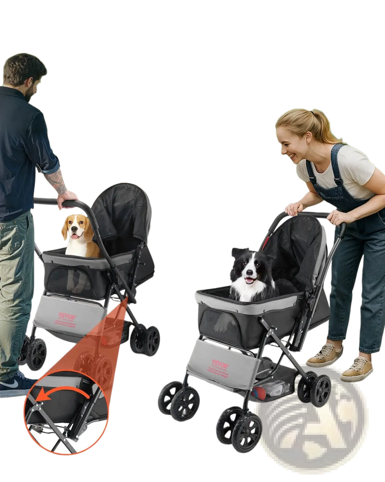 Foldable black and gray pet stroller with mesh side panel four wheels and reversible handle for pets up to 44lbs