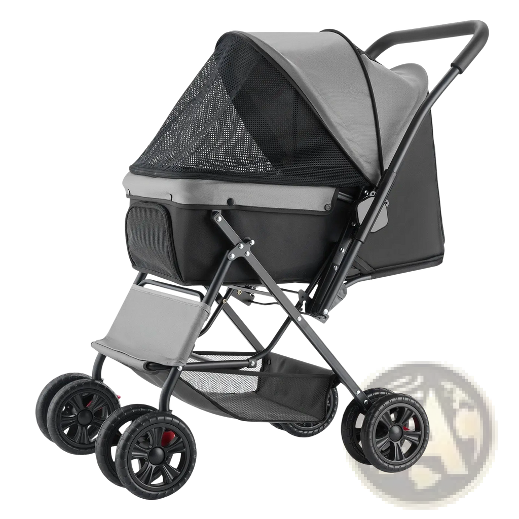 Foldable pet stroller with reversible handle gray and black mesh canopy foldable frame and four wheels supporting up to 44lbs
