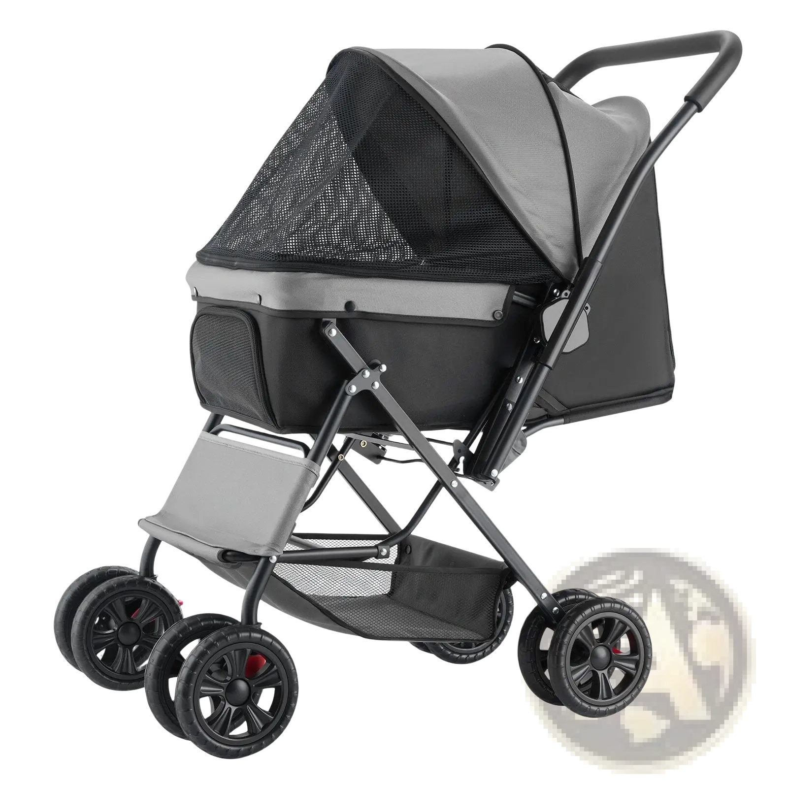 Foldable pet stroller with reversible handle gray and black mesh canopy foldable frame and four wheels supporting up to 44lbs