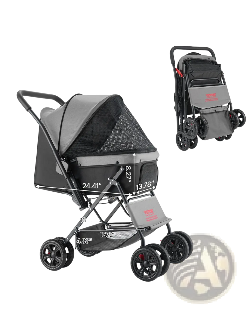 Black and gray foldable pet stroller with mesh canopy four wheels and reversible handle for pets up to 44lbs