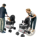 Black and gray foldable pet stroller with mesh sides four wheels and reversible handle supporting up to 44lbs