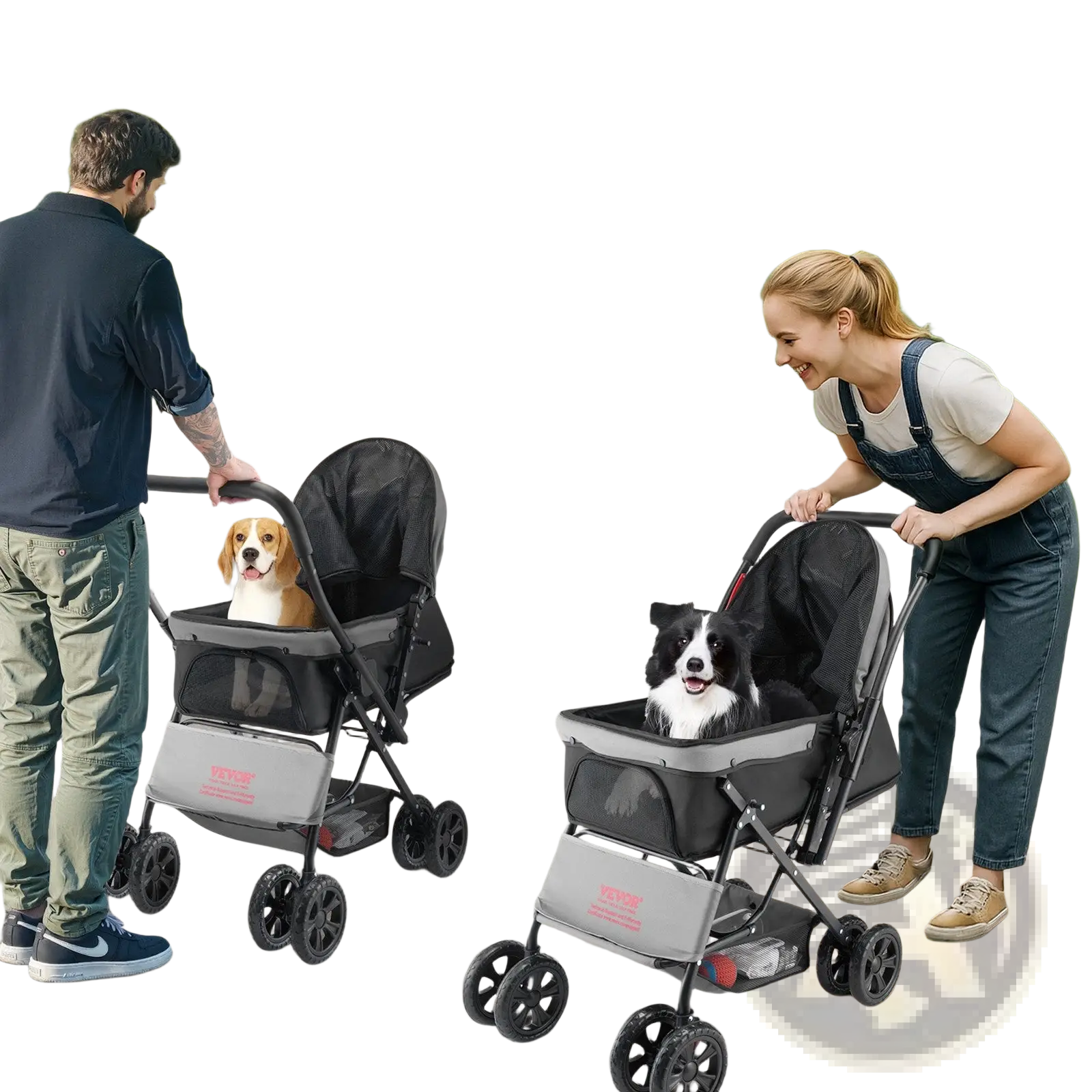 Black and gray foldable pet stroller with mesh sides four wheels and reversible handle supporting up to 44lbs